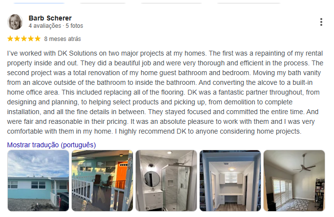 5-star Google review from Barb Scherer praising DK Solutions on two major home projects.