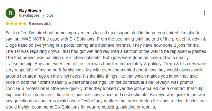 5-star Google review from Ray Bowin about drywall repair and kitchen cabinet painting.